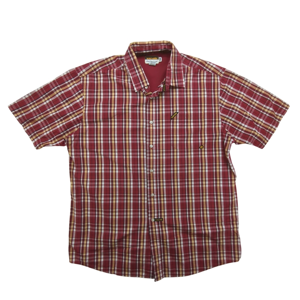 Ecko Unltd Shirt Mens XL Plaid Button Down Short Sleeve Red Yellow Classic Style